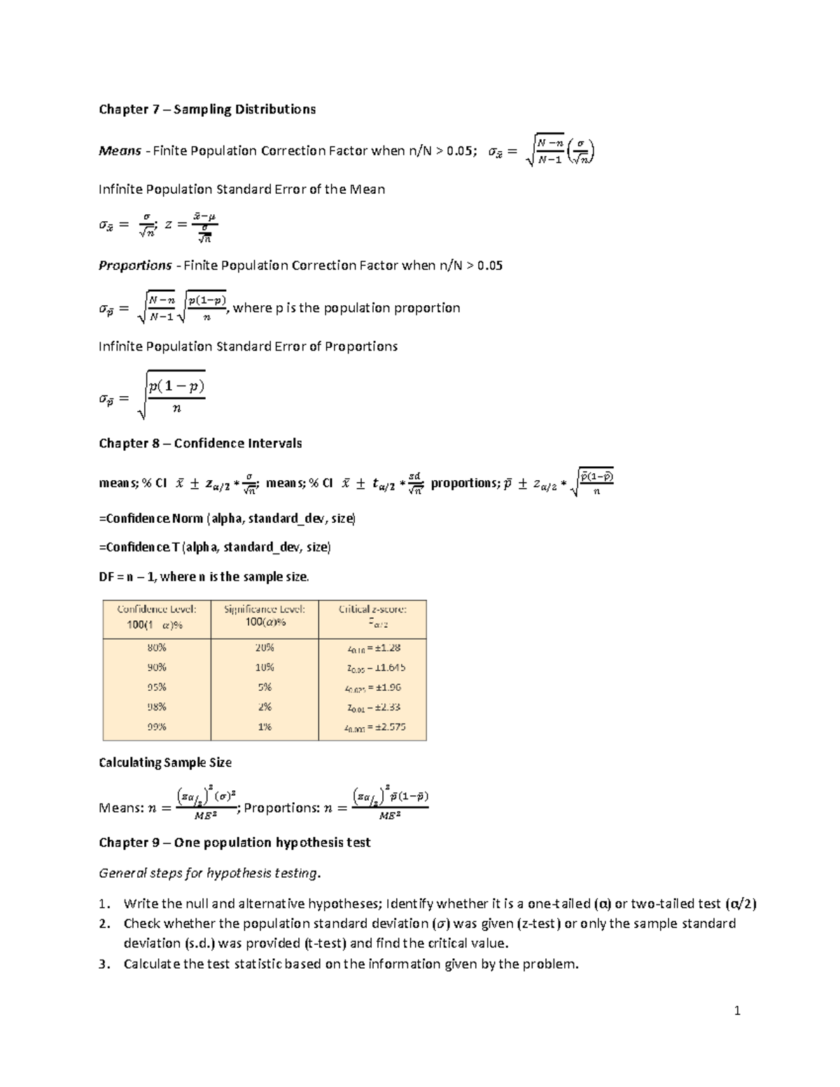 Chapter 7-11 Exam Formulas & Excel Functions (Statistics) - Studocu