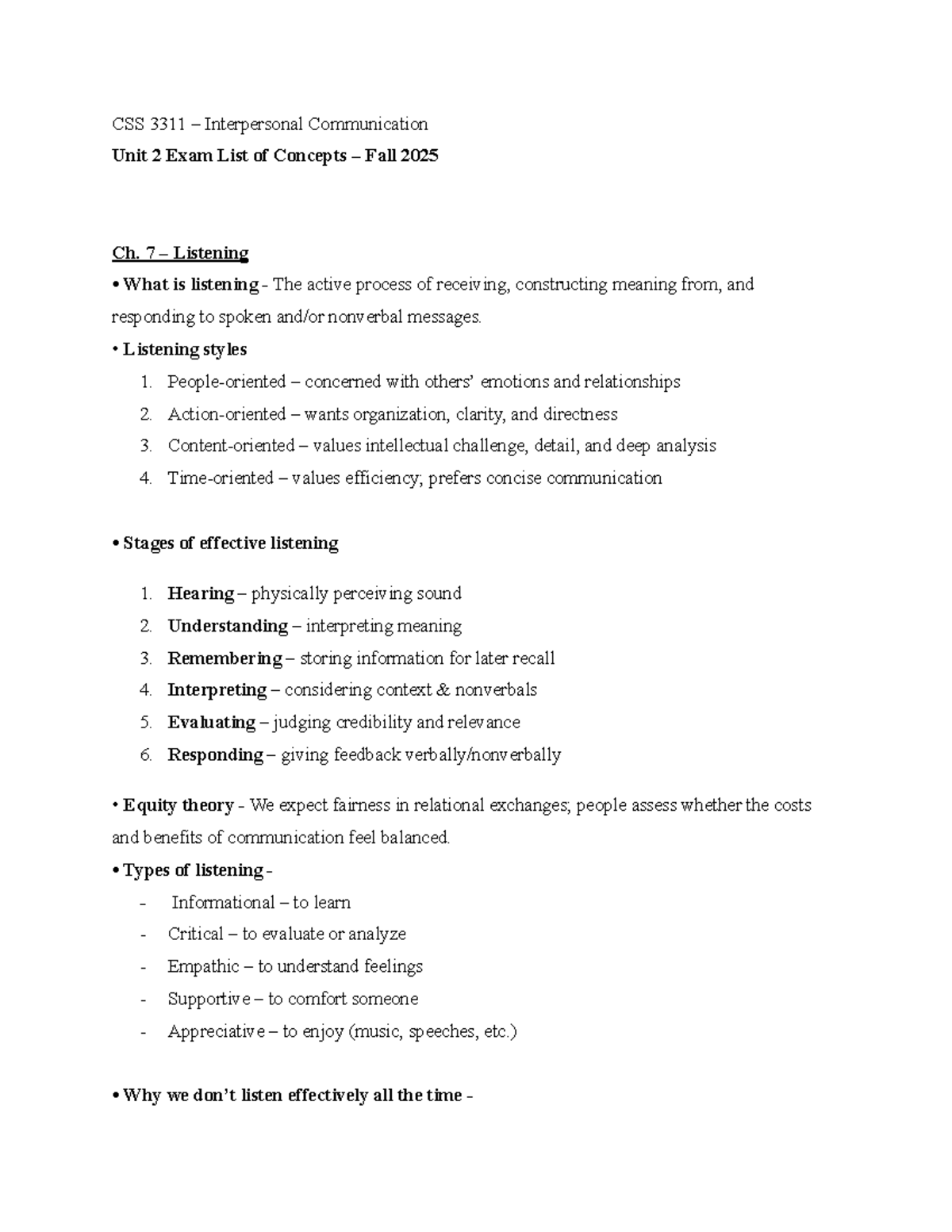 CSS 3311 Interpersonal Communication Unit 2 Exam Concepts Overview ...