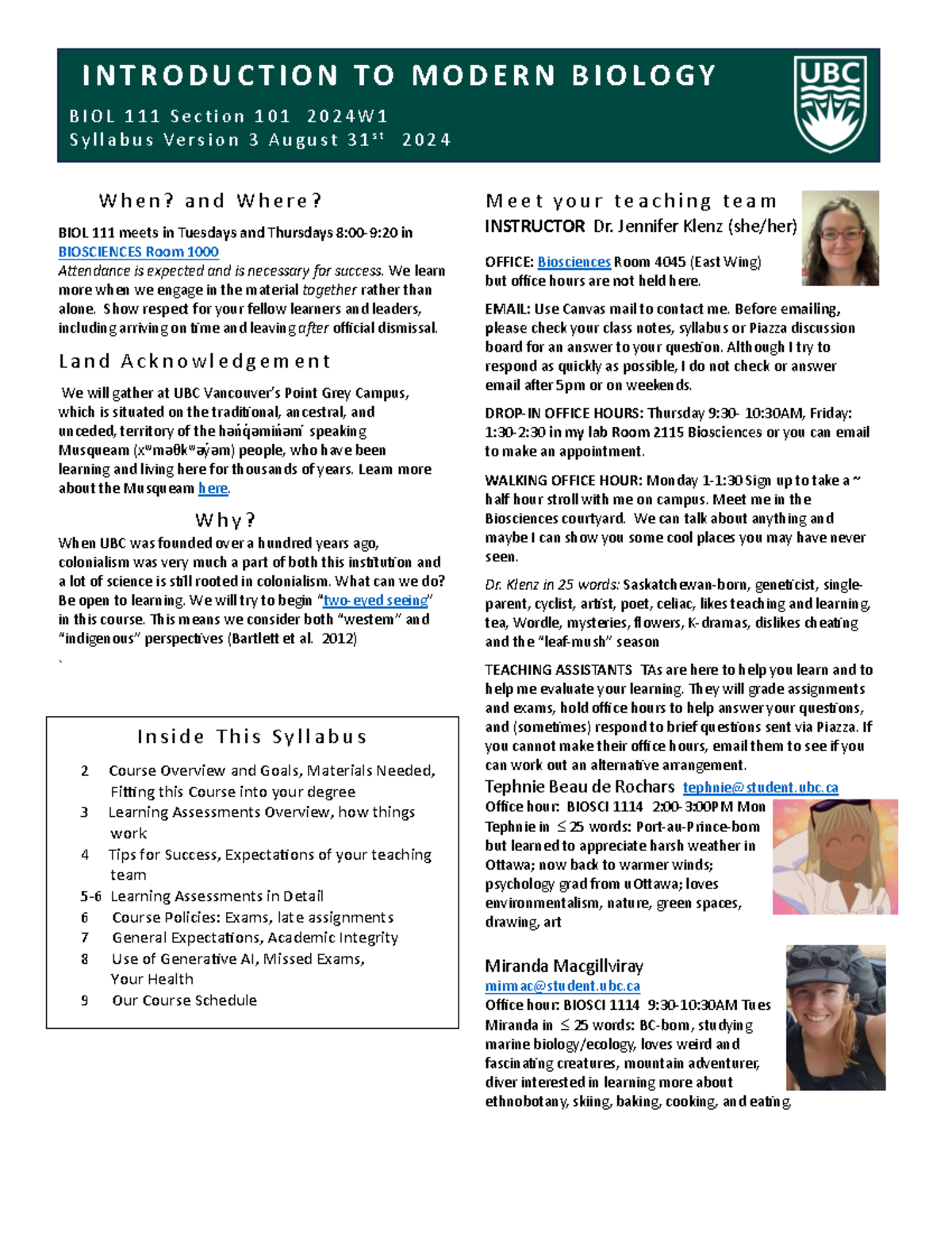 BIOL 111 2024W1 Syllabus - Course Overview and Success Tips - Studocu
