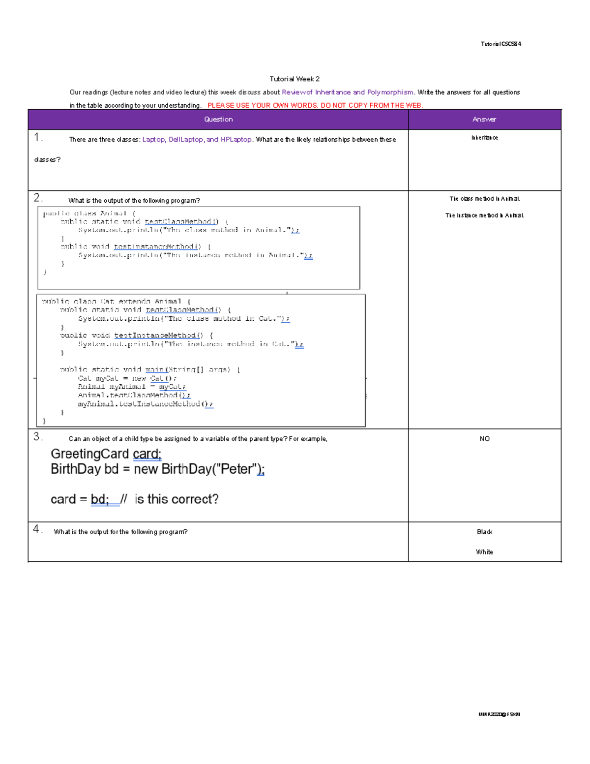 Tutorial CSC584 Week 2: Inheritance & Polymorphism Review Notes - Studocu