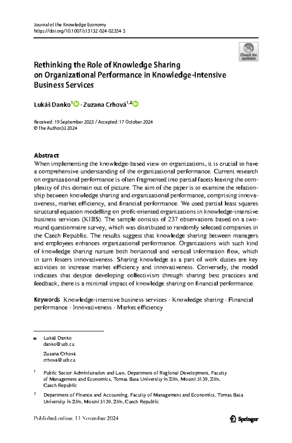 Knowledge Sharing and Organizational Performance in Business Services ...