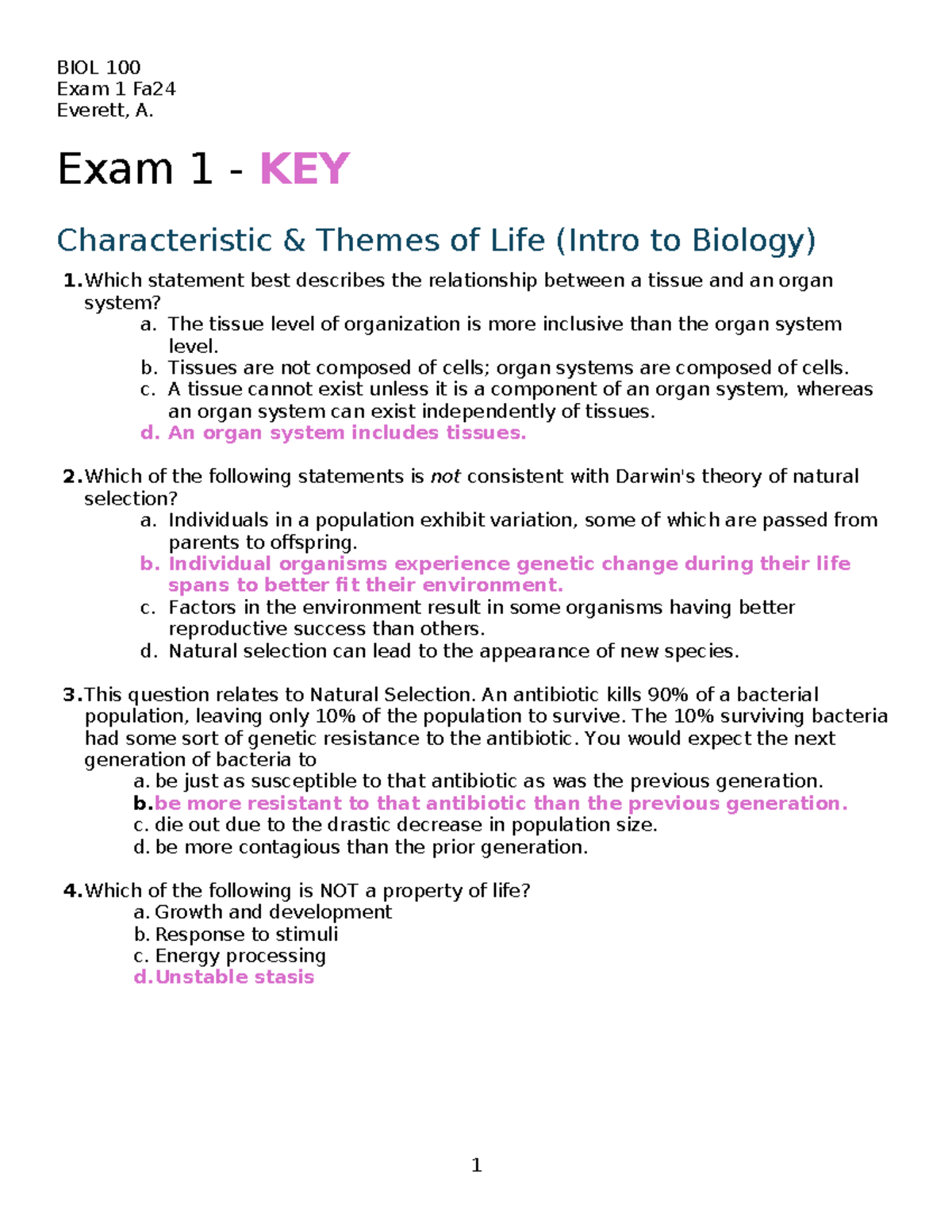BIOL 100: Exam 1 Study Guide & Answer Key (Fall 2024) - Studocu
