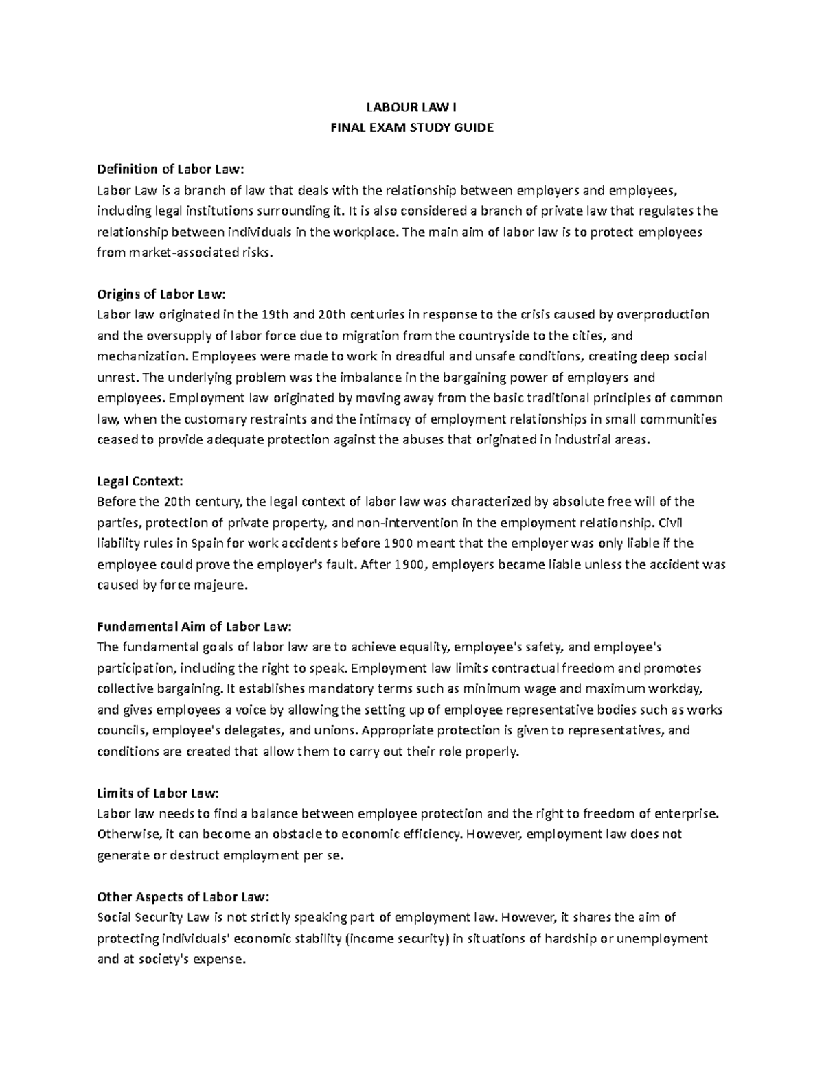Labour Law I: Final Exam Study Guide and Key Concepts Overview - Studocu