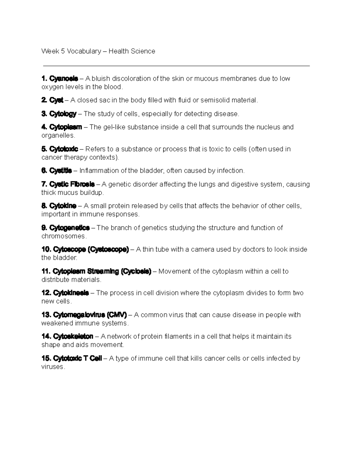 Health Science 1: Week 5 Vocabulary Terms and Definitions - Studocu