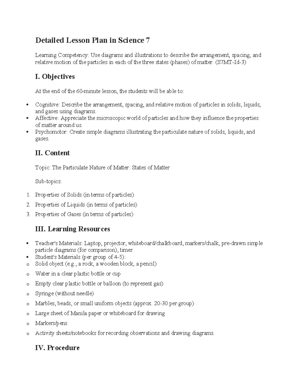 Detailed Lesson Plan in Science 7: Understanding States of Matter - Studocu