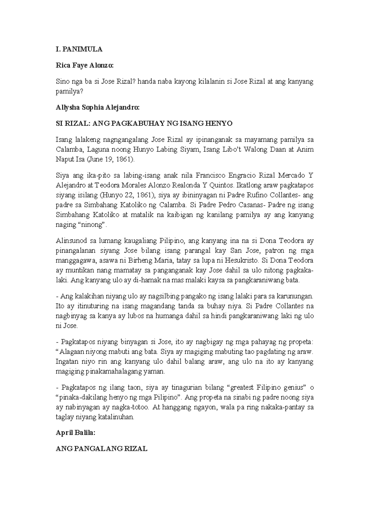 Group 1 Script 1 - n\a - I. PANIMULA Rica Faye Alonzo: Sino nga ba si ...