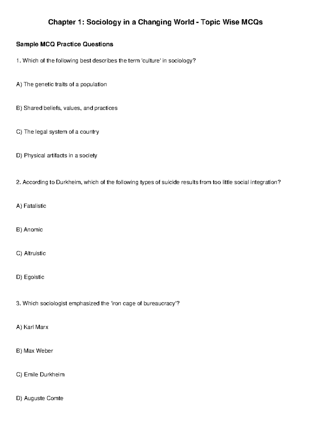 Chapter 1: Sociology in a Changing World - Sample MCQs - Studocu