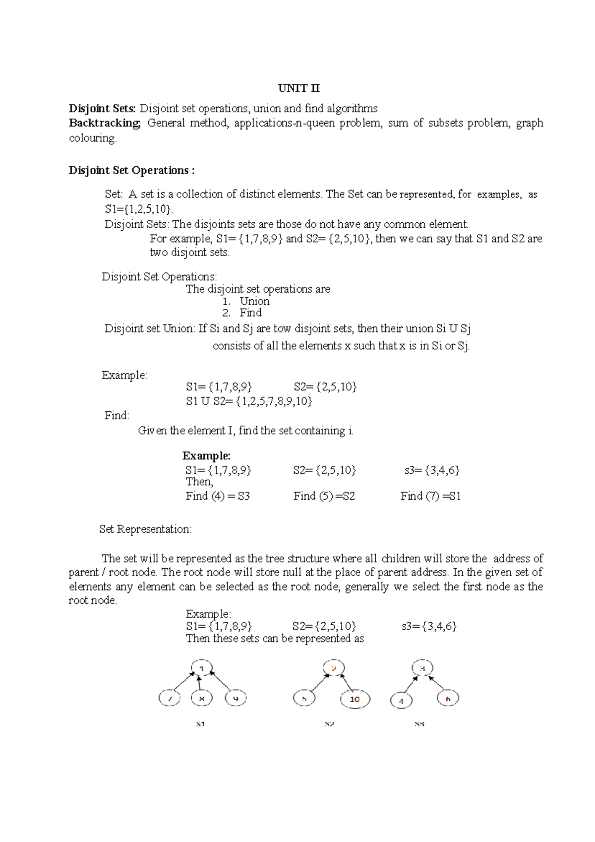 DAA UNIT II - Disjoint Sets and Backtracking Algorithms Overview - Studocu