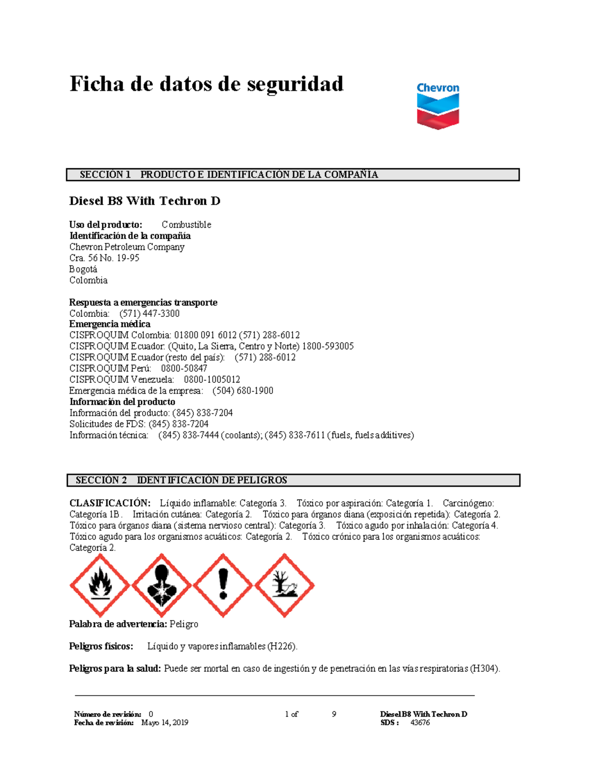Hoja de Seguridad FDS 1: Diesel B8 Con Techron D - Studocu