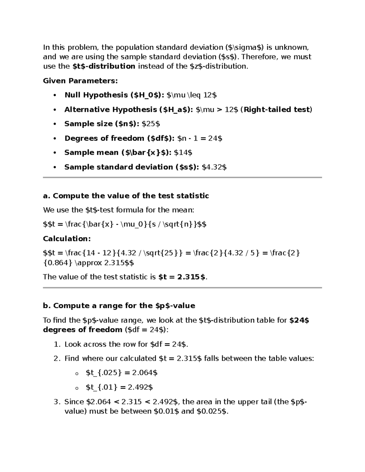 Statistical Analysis: Hypothesis Testing with Unknown Std Dev (Course ...