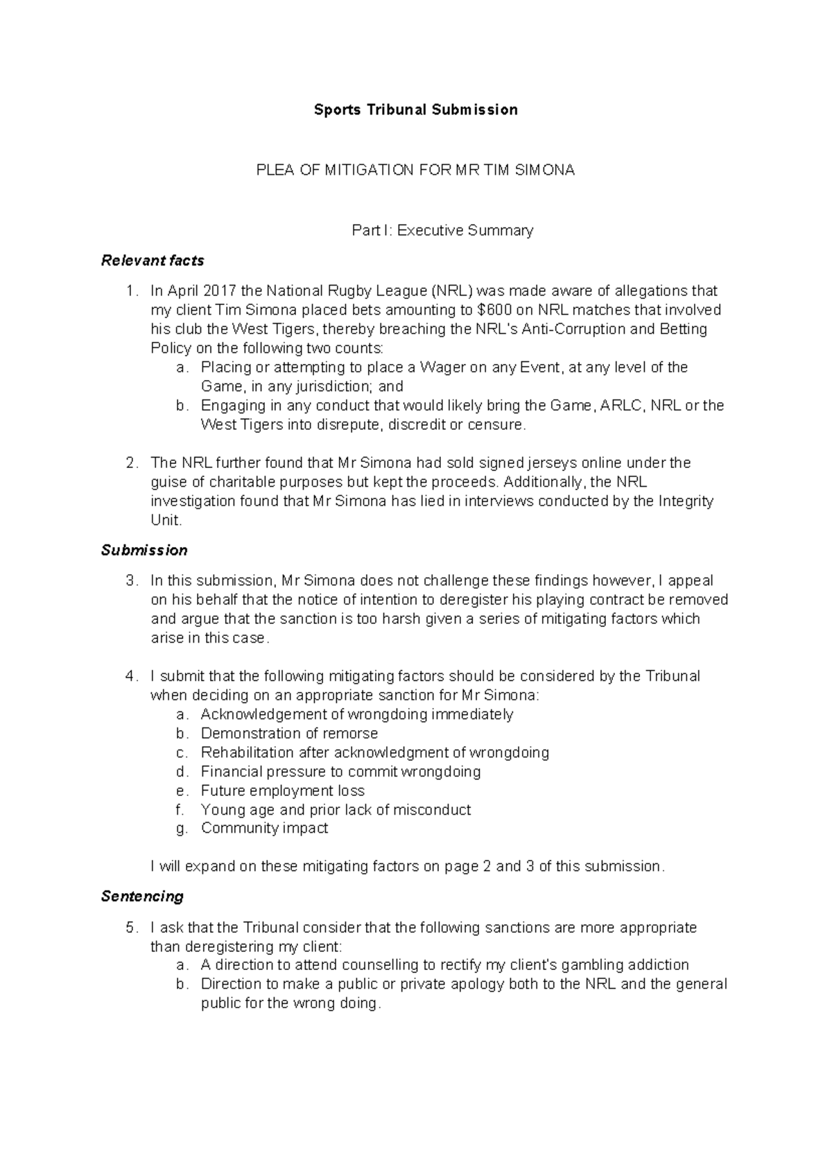 HD Example - Tim Simona Mitigation Submission for NRL Tribunal - Studocu