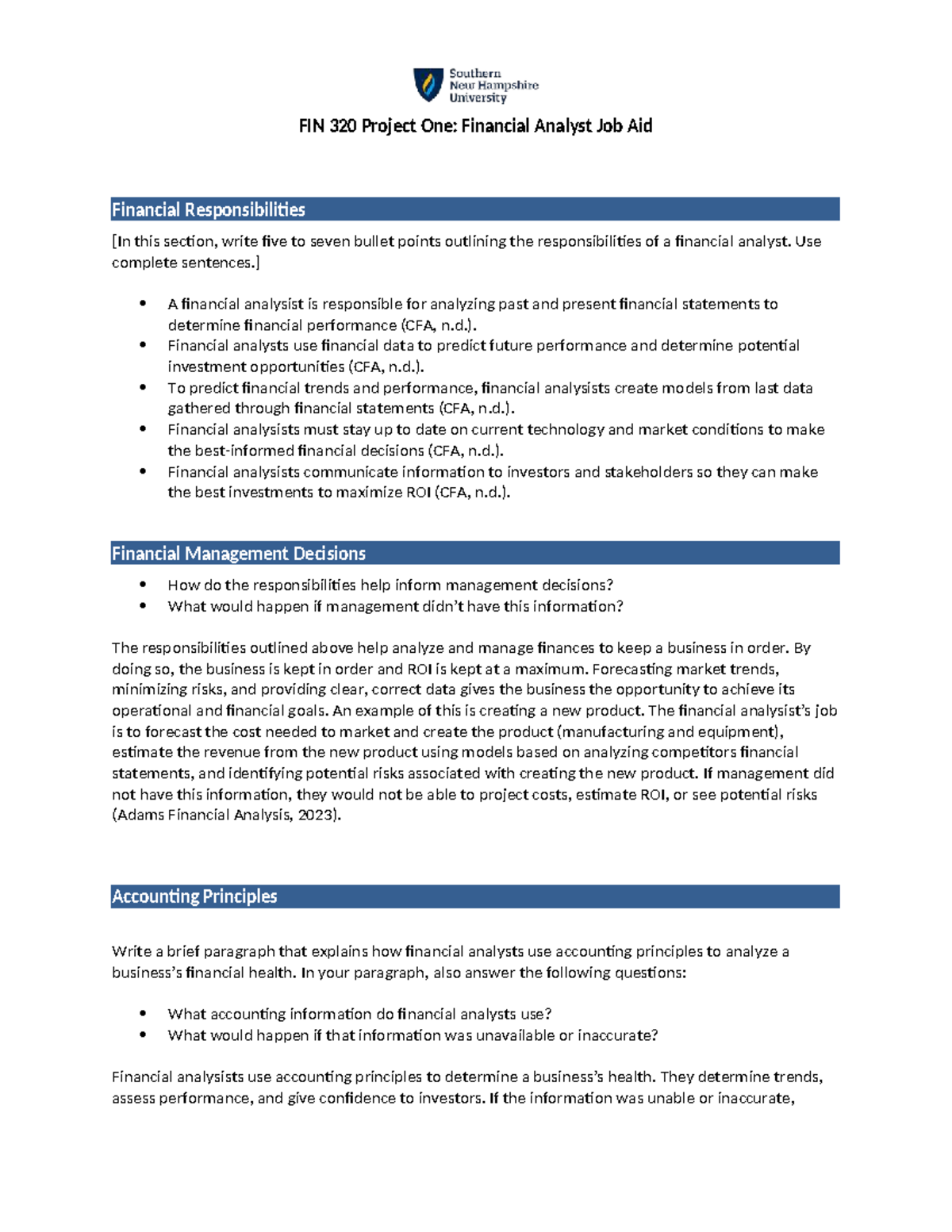 FIN 320 Project One: Financial Analyst Responsibilities and Insights ...