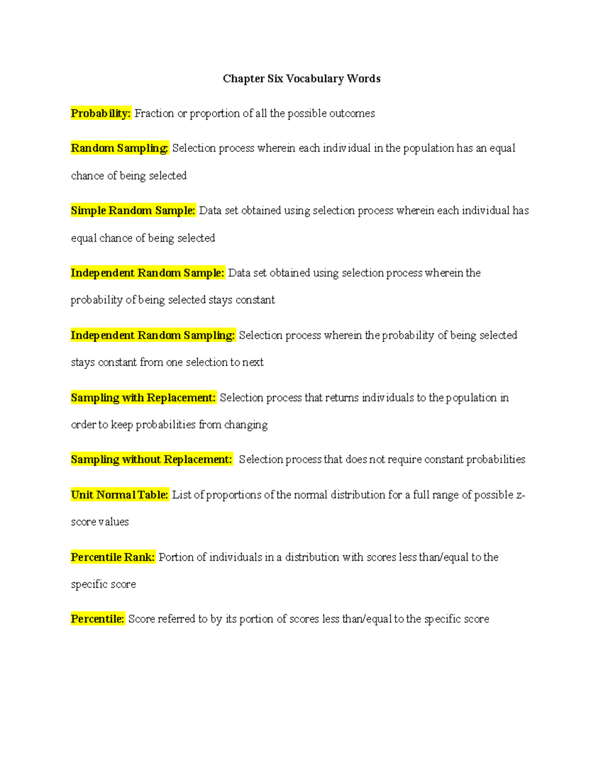 Stats 101: Chapter 6 Vocabulary & Definitions for Review - Studocu