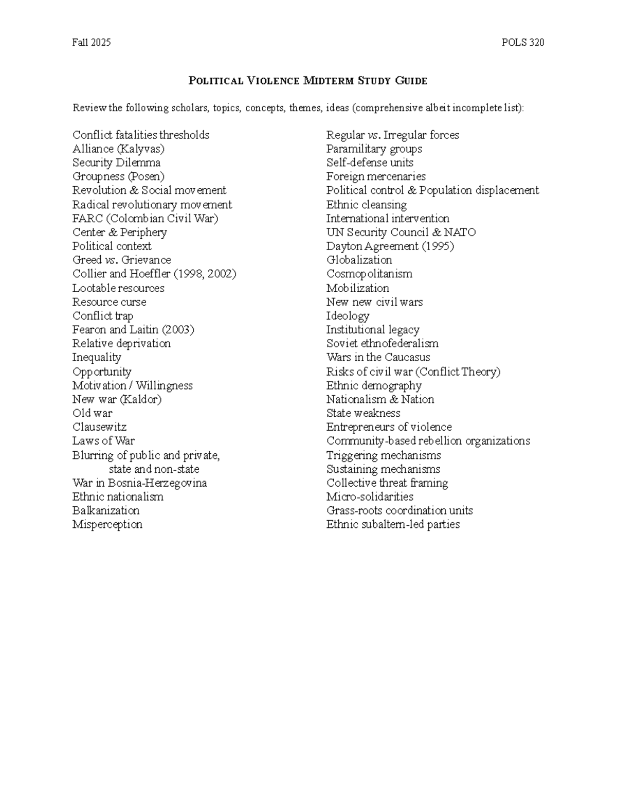 POLS 320: Political Violence Midterm Study Guide (Fall 2025) - Studocu