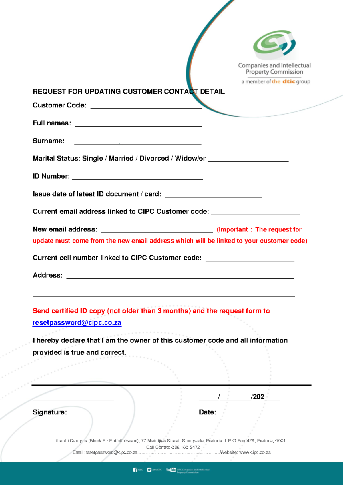 Request to Update Customer Contact Details - CIPC Form - Studocu