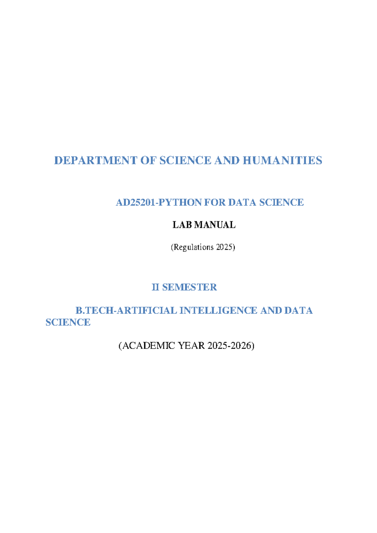 Python for Data Science Lab Manual (Regulations 2025) II Sem. - Studocu