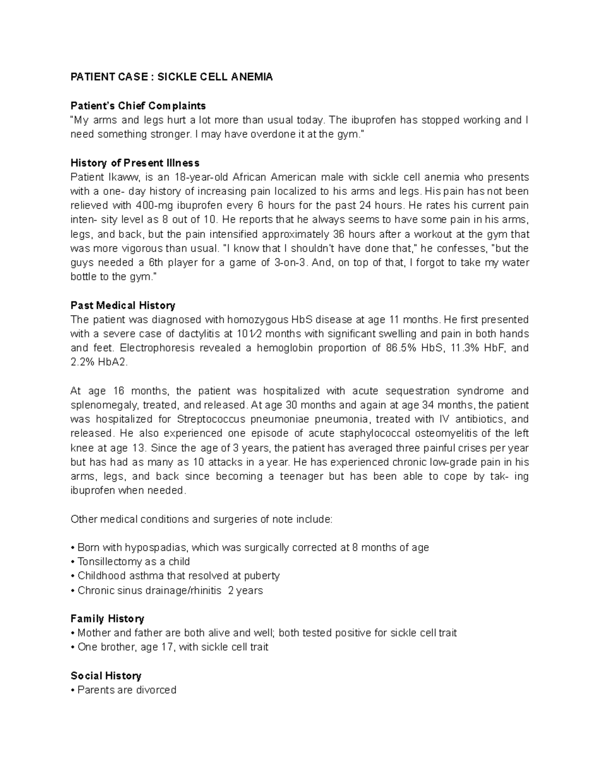 Case Study: Sickle Cell Anemia Patient Exam (Case Code: SC-2023) - Studocu