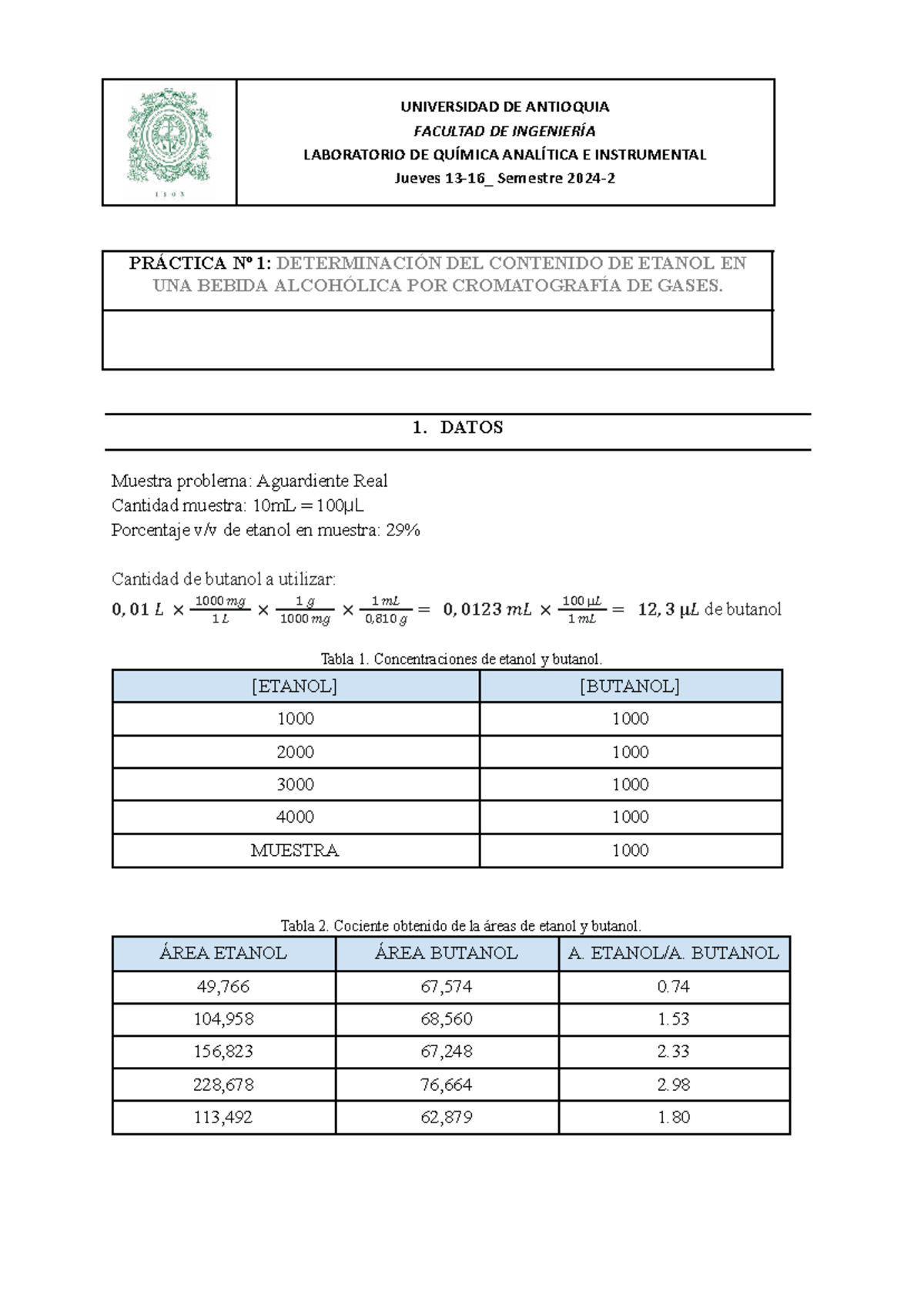 Práctica Nº 1: Determinación de Etanol en Bebida Alcohólica por CG - UdeA - Document Preview