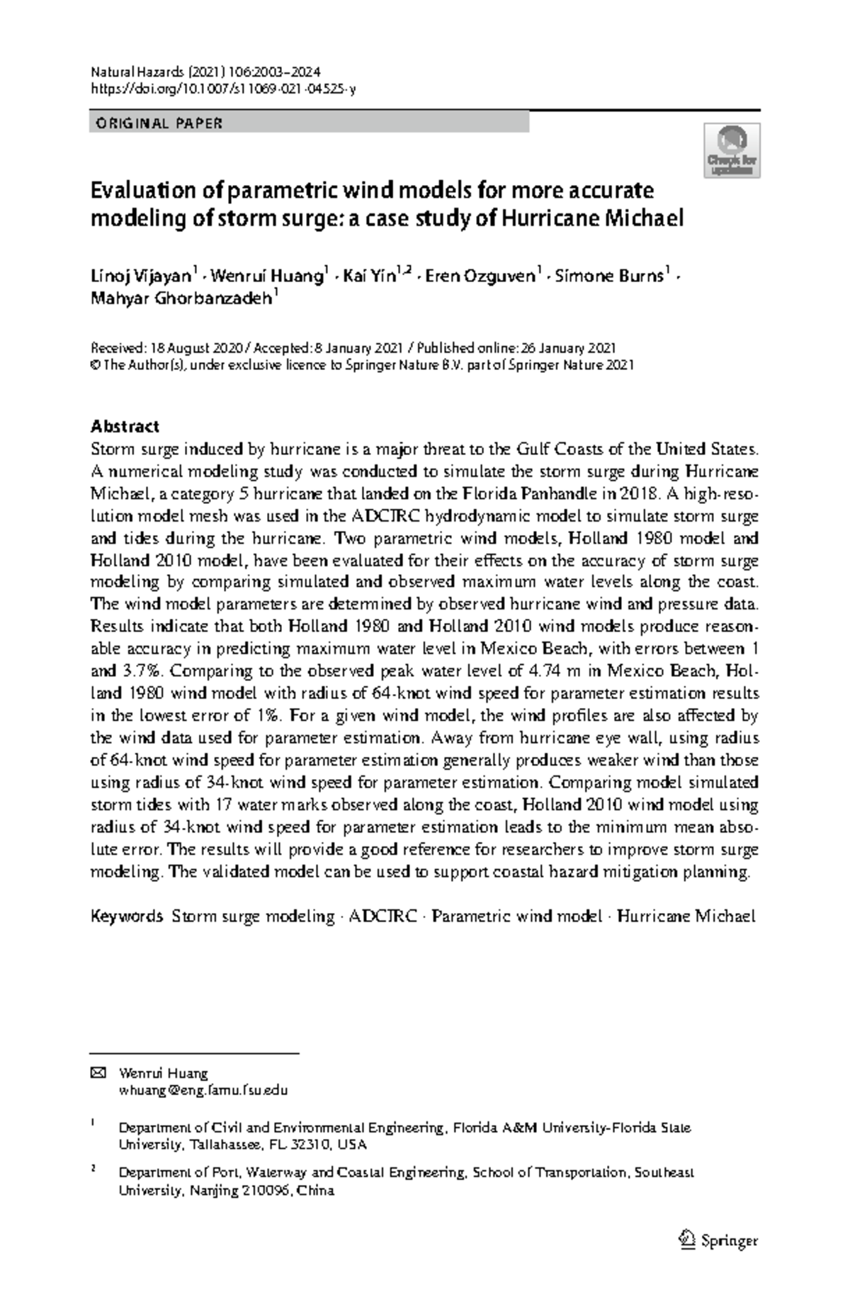 Evaluation of parametric wind models for more accurate modeling of ...