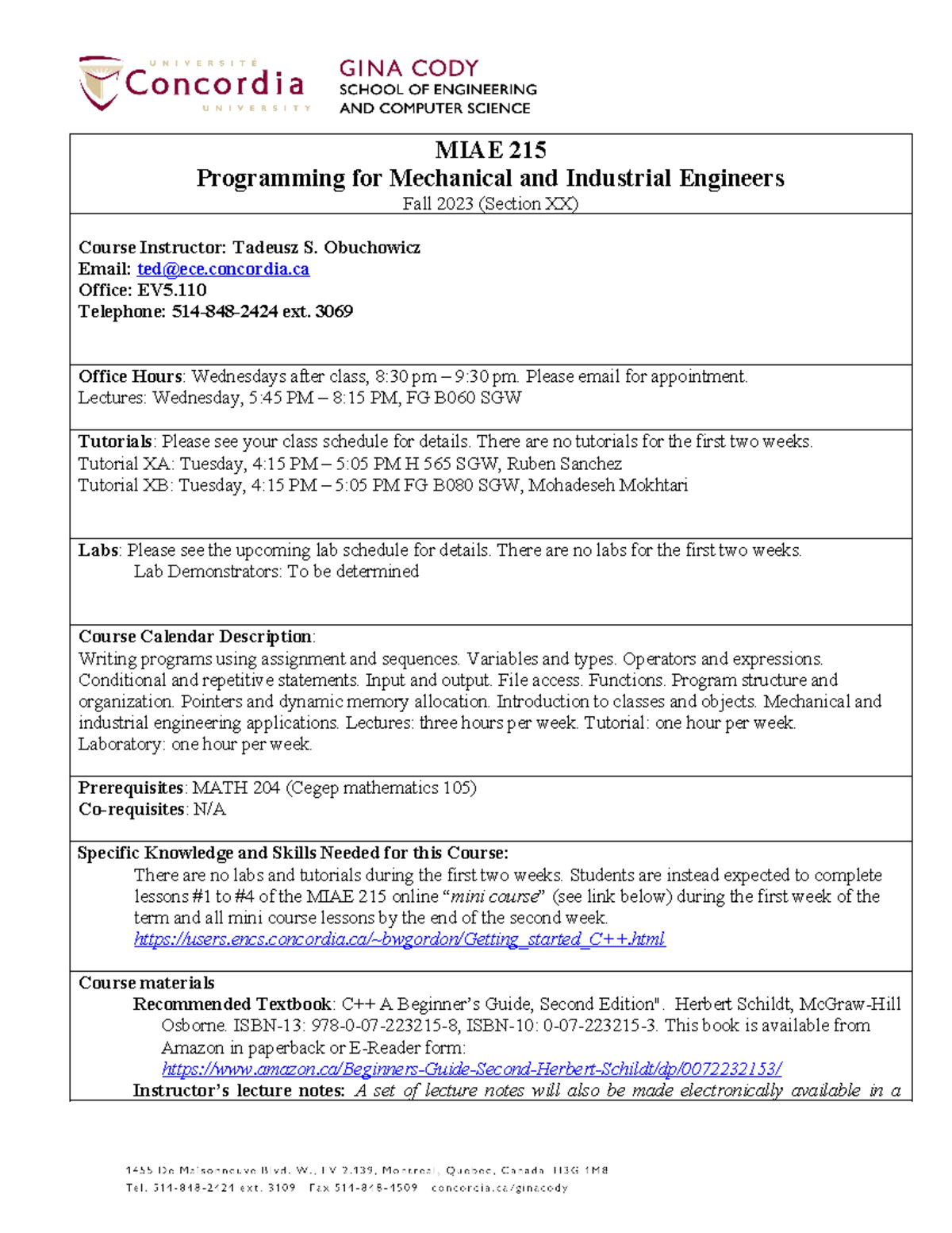MIAE 215 Course Outline: Programming for M&E Engineers - Fall 2023 ...