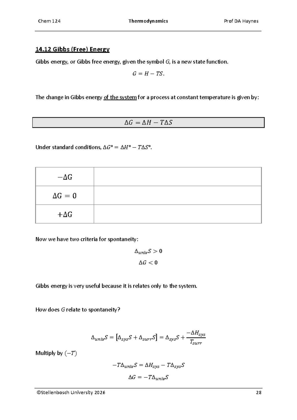 Thermodynamics Chem 124 Final Exam Notes: Gibbs Free Energy 2026 - Studocu