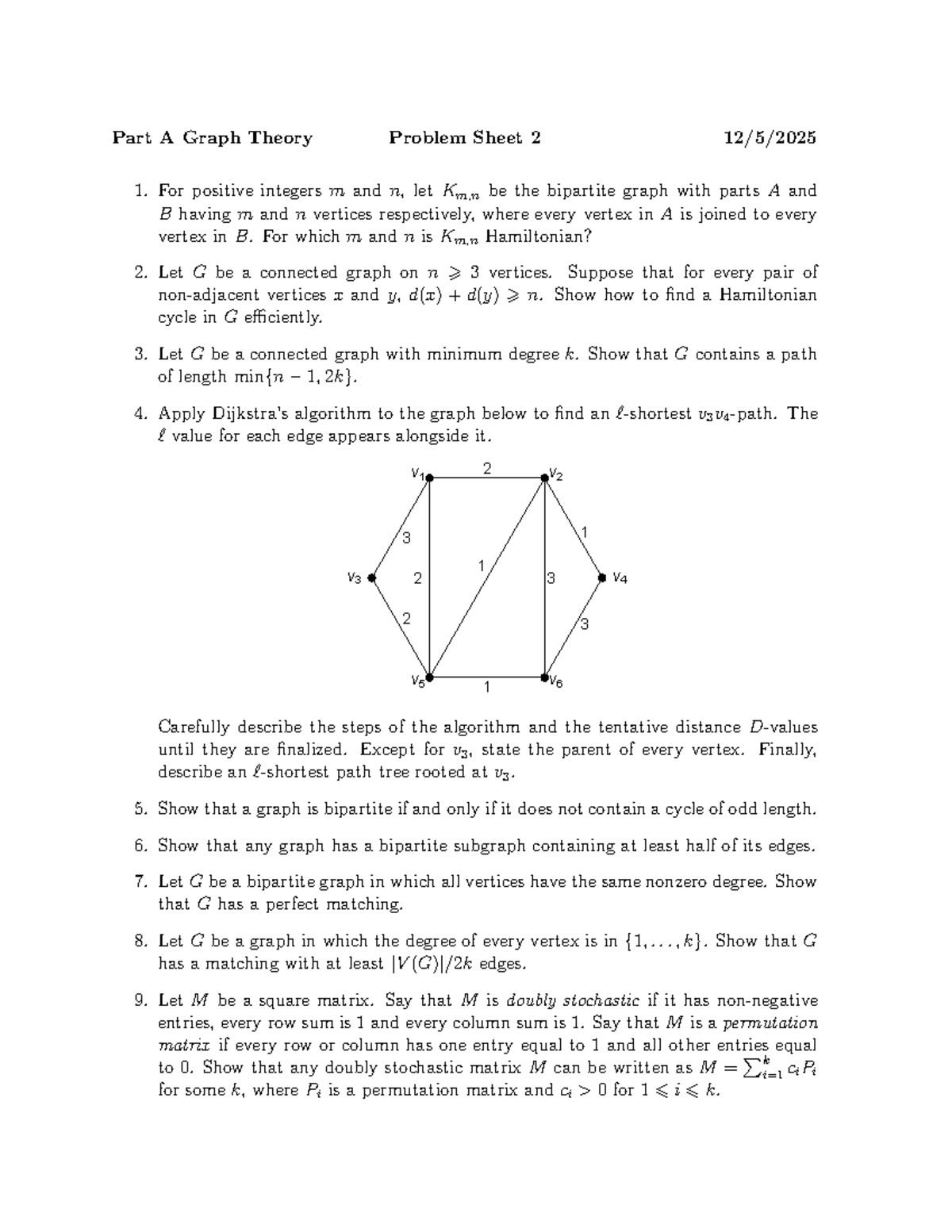 Graph Theory Problem Sheet 2: Hamiltonian Cycles & Bipartite Graphs ...
