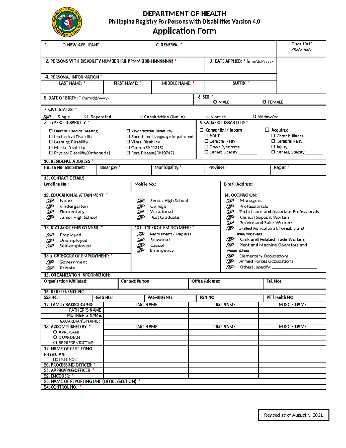 PWD Application Form 4 - DEPARTMENT OF HEALTH Philippine Registry For ...
