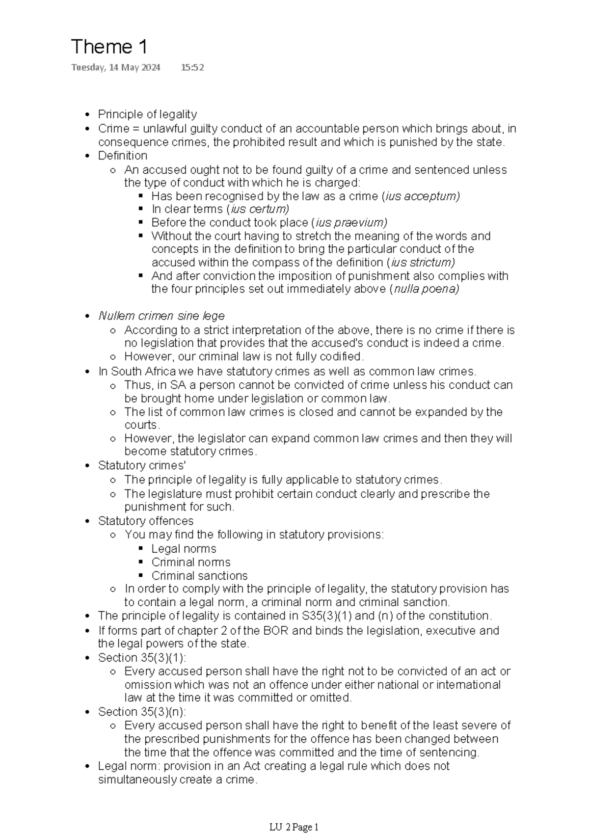 Principle of Legality in Criminal Law: LU 2 Summary Notes - Studocu