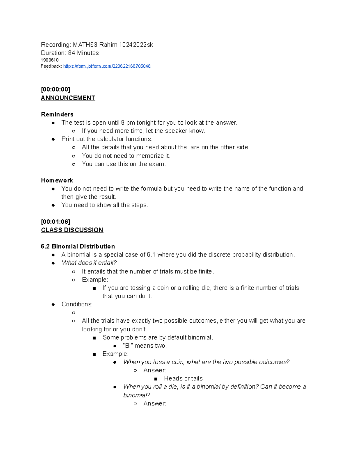 MATH63 Final Exam Review: Binomial Distribution Concepts - Studocu