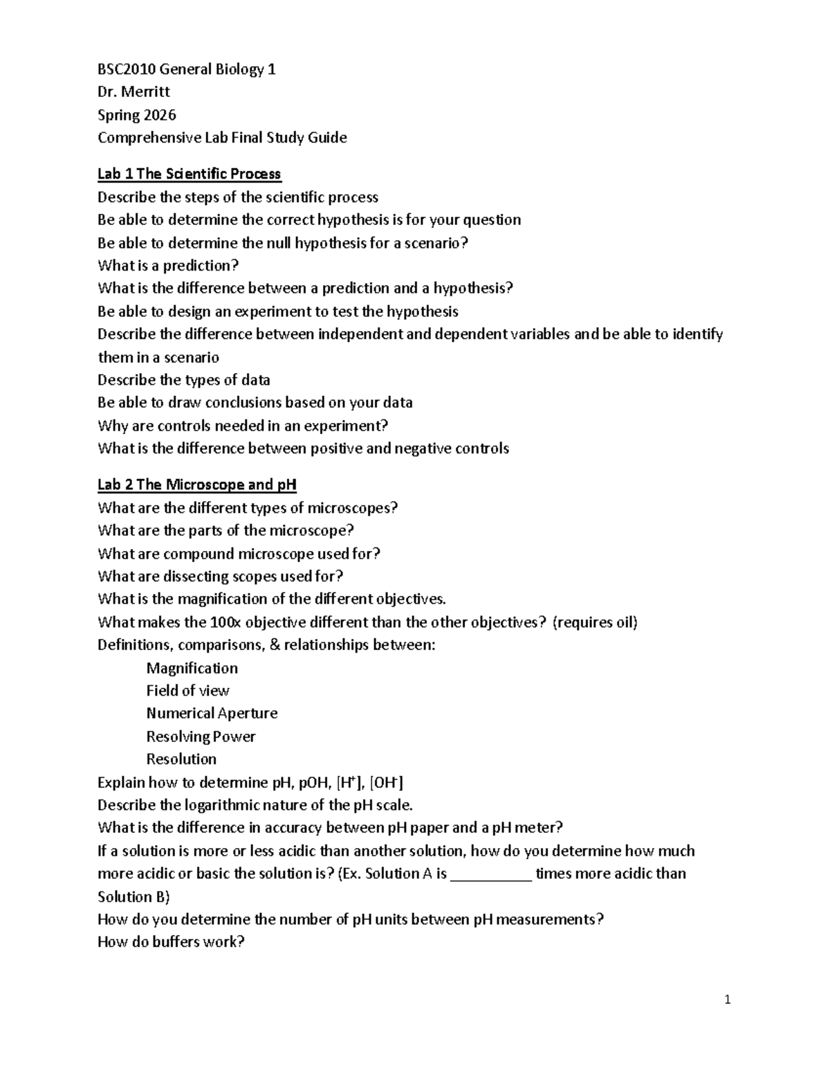 BSC2010 General Biology 1 Lab Final Study Guide - Studocu