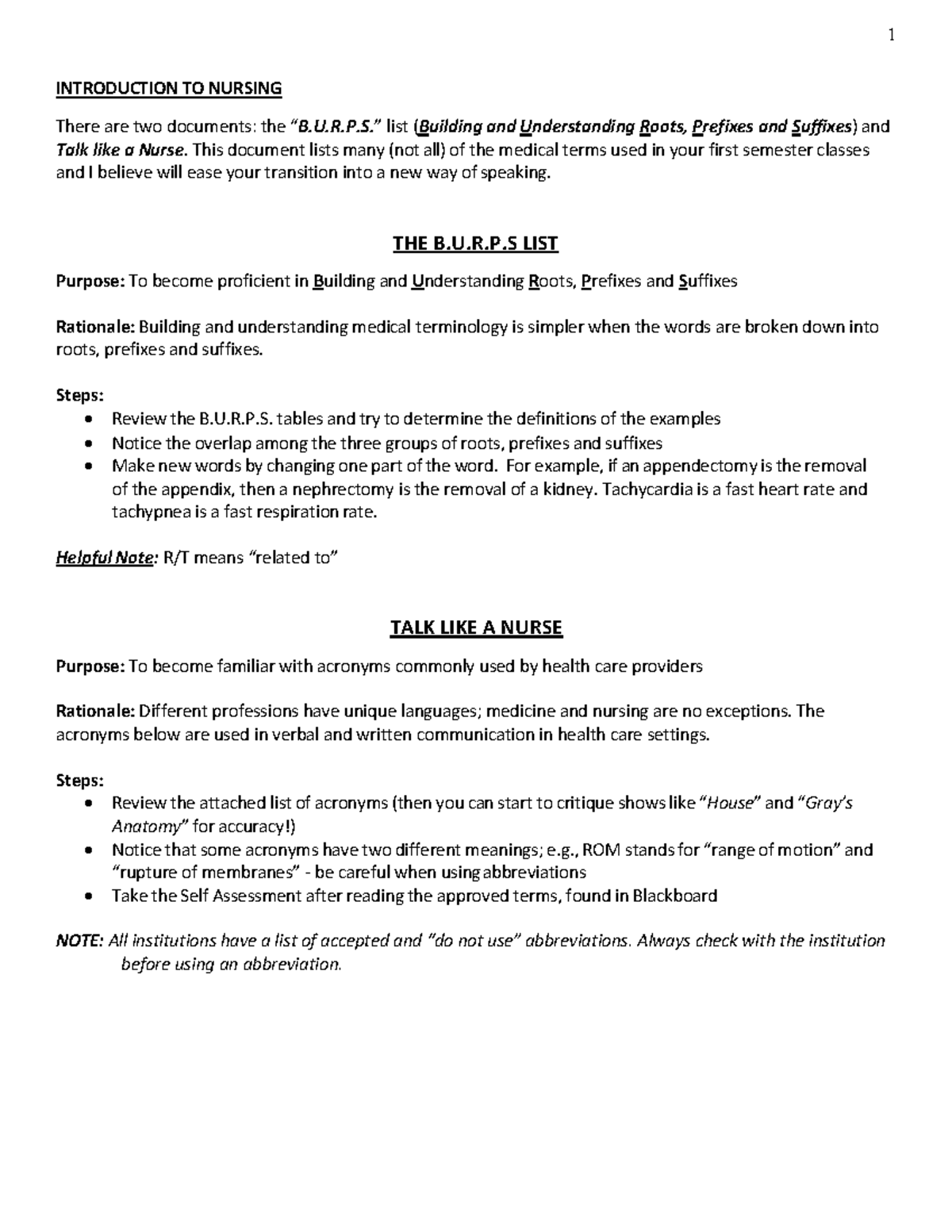 NURS 101: Comprehensive B.U.R.P.S. List & Nursing Acronyms Guide - Studocu