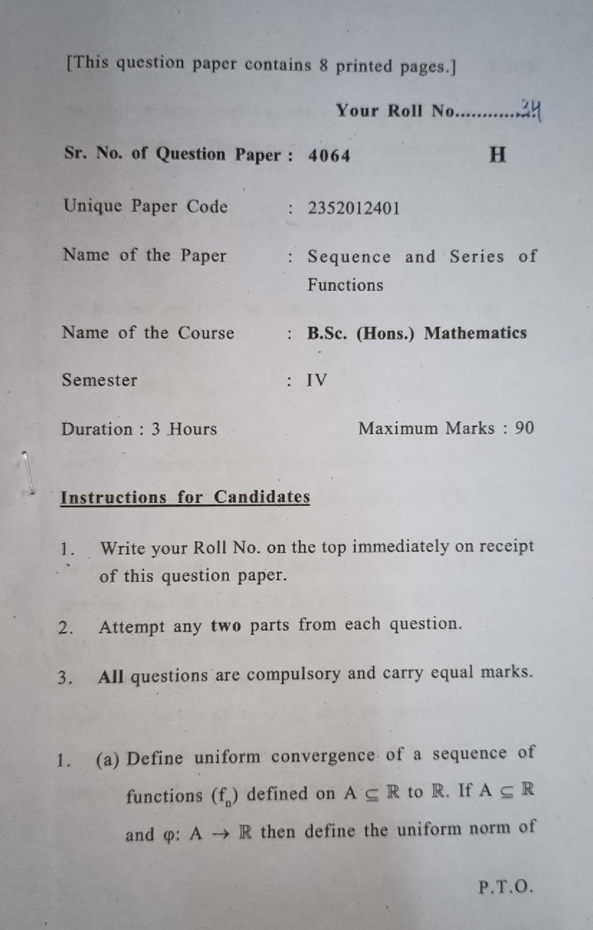 B.Sc. (Hons.) Mathematics IV Sem: Sequence and Series of Functions Exam ...