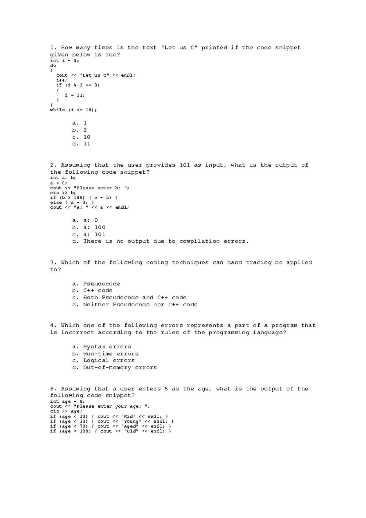 Midterm Exam Review: Programming Concepts and Code Snippets (CS101 ...