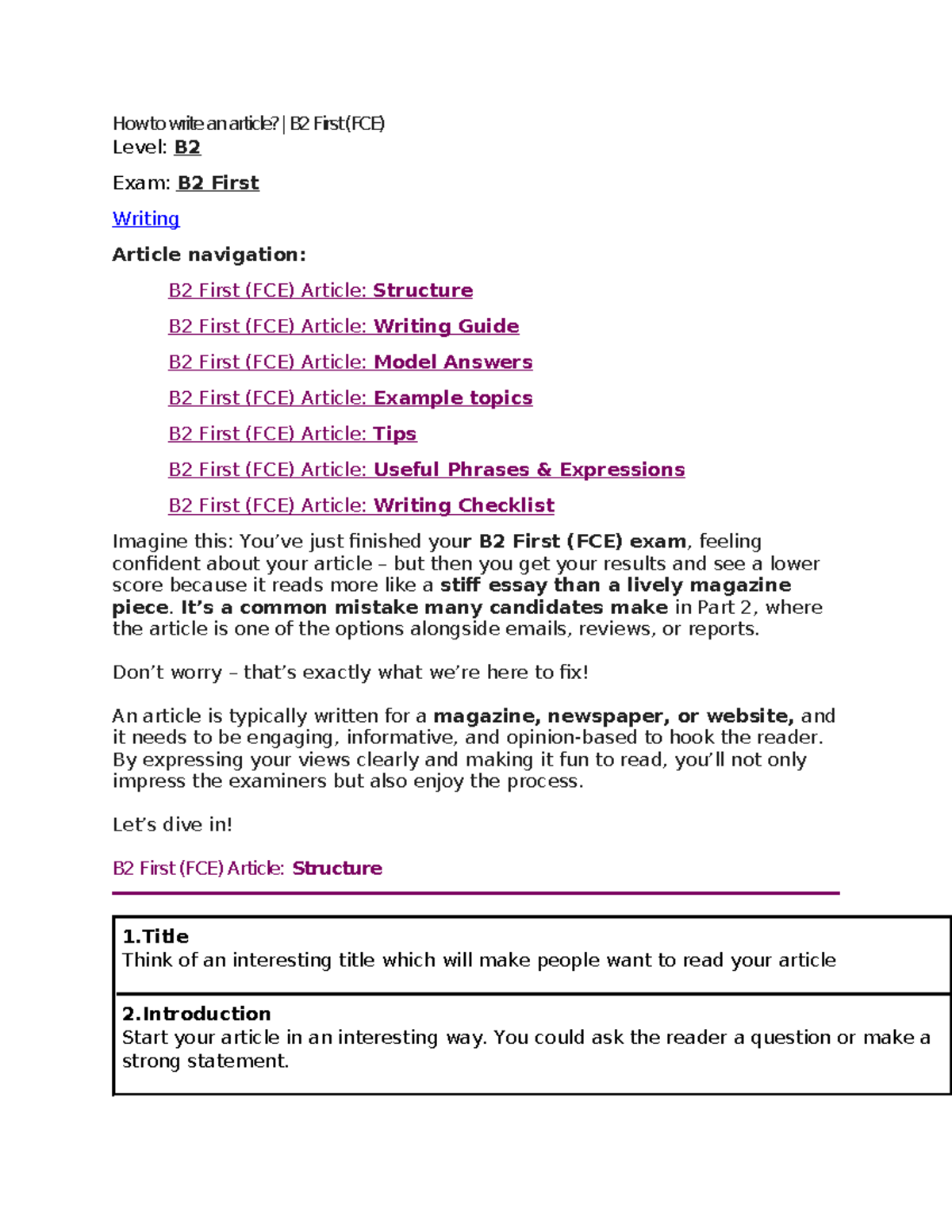 How to Write an Engaging Article: B2 First (FCE) Guide - Studocu