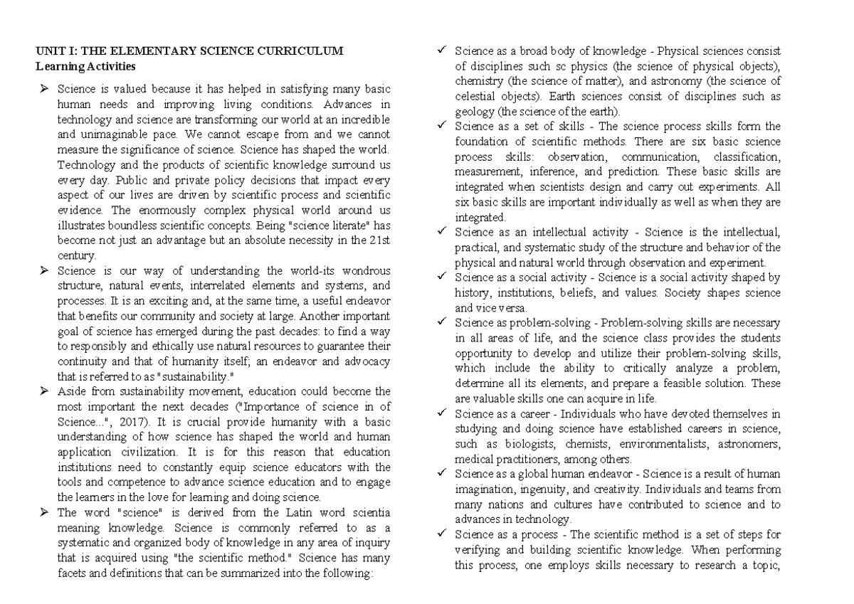 Elementary Science Curriculum Overview - ahsbcudwqnjicpwdq - Studocu