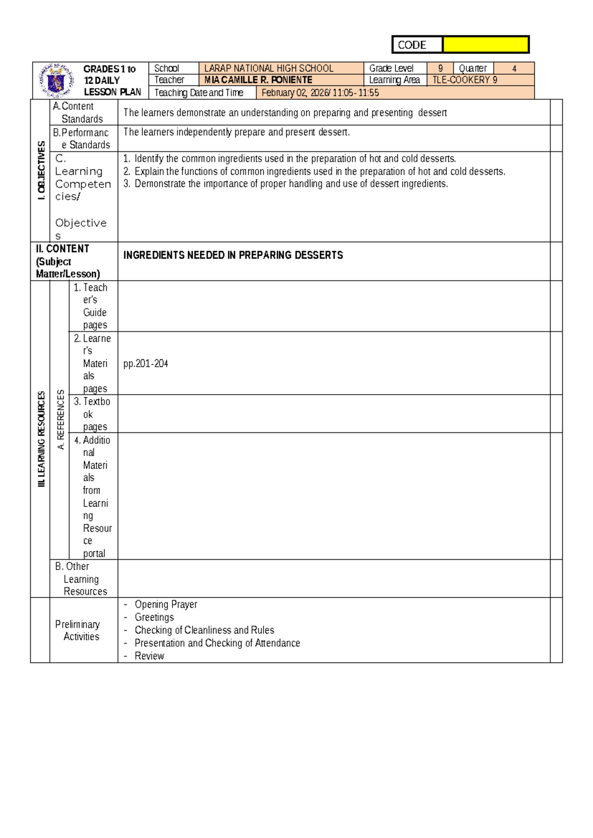 DLP Cookery 9: Daily Lesson Plan for Dessert Preparation - Studocu