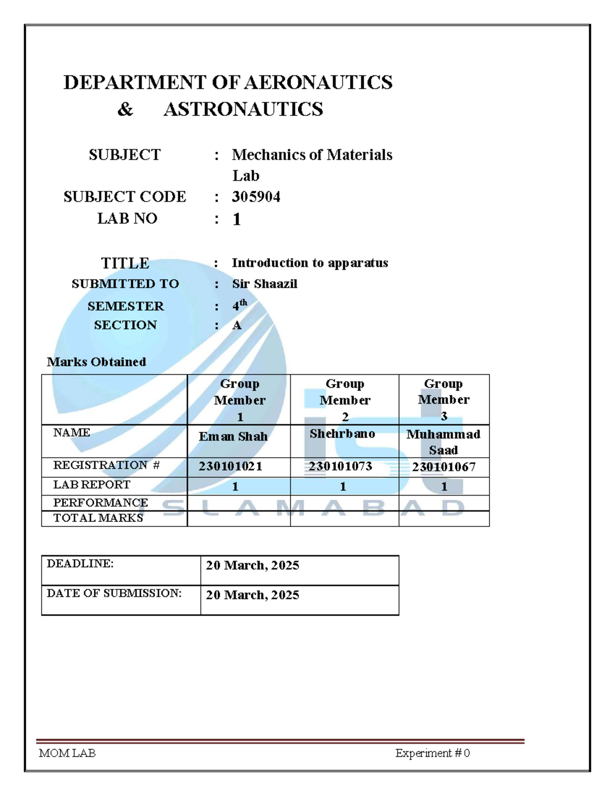 MOM 305904 Mechanics of Materials Lab Report: Overview of Apparatus ...