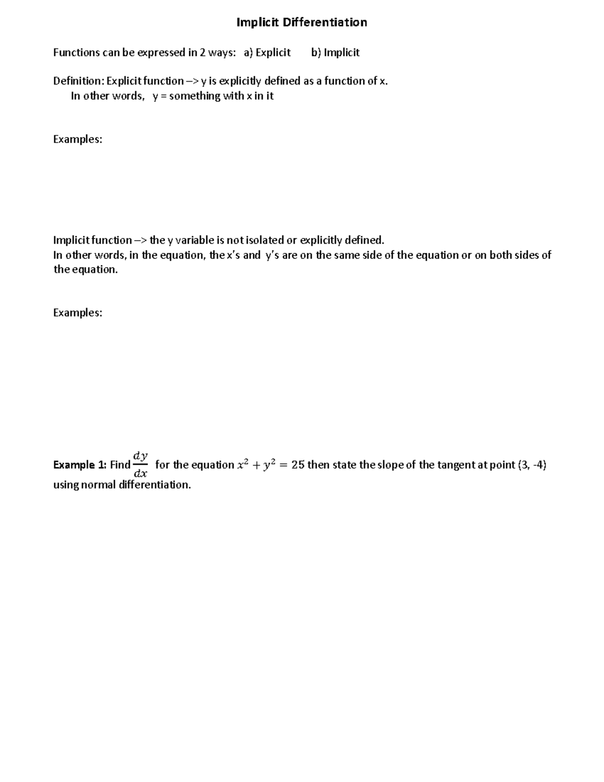 AP1 Implicit Differentiation: Key Concepts and Examples - Studocu