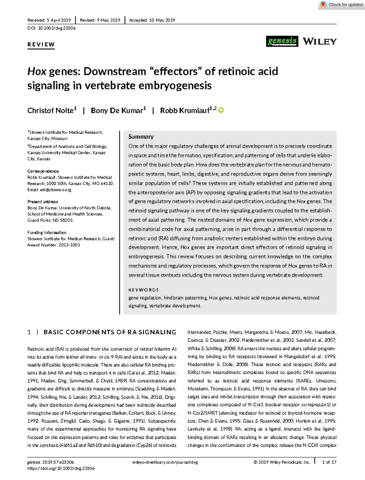 Hox Genes and Retinoic Acid Signaling in Vertebrate Embryogenesis (GEN ...