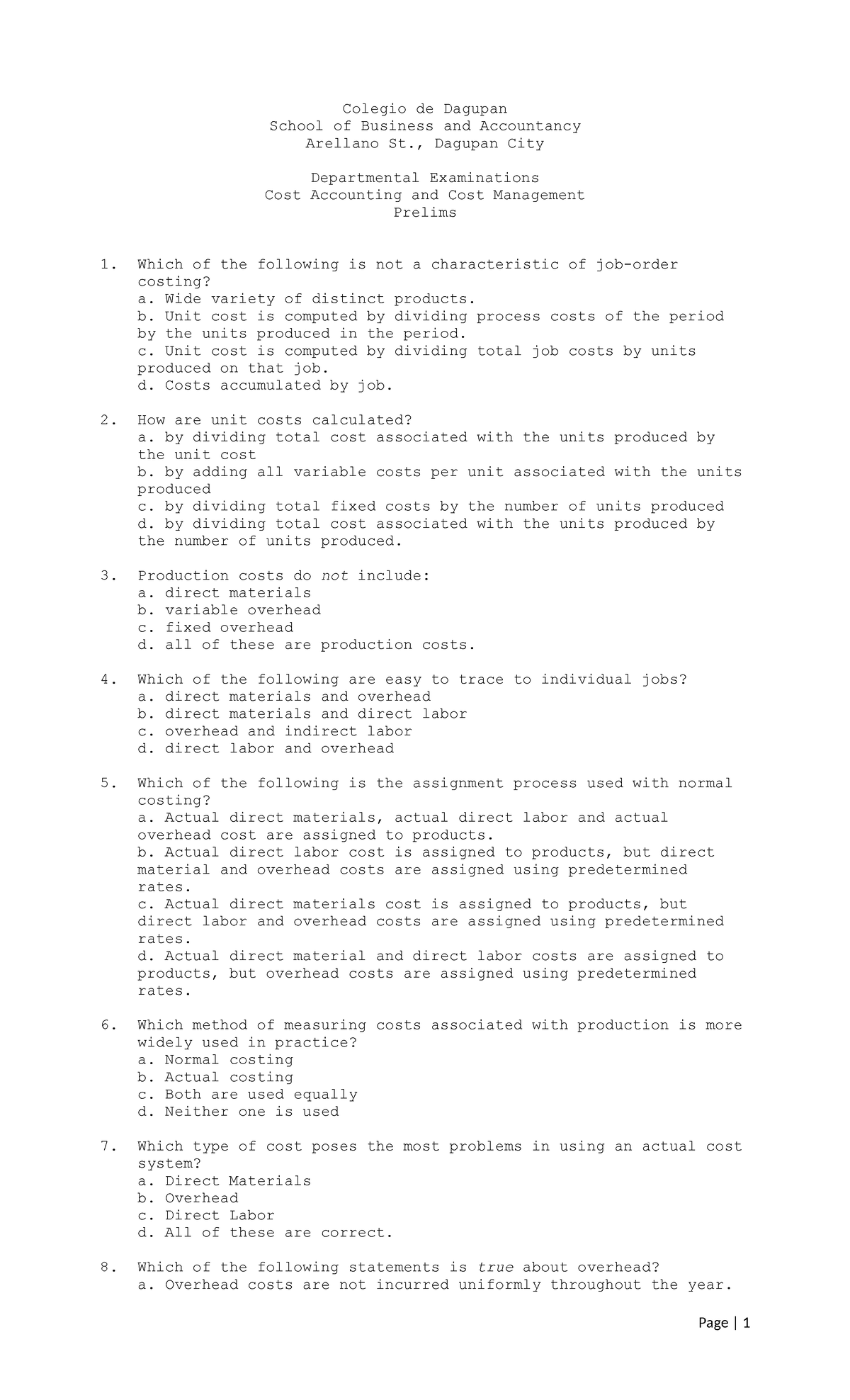 Cost Accounting and Cost Management Prelims (MGT 101) Exam Review - Studocu