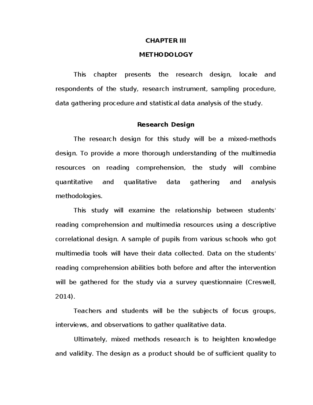 CHAPTER III METHODOLOGY: Research Design & Data Analysis (EDU 101 ...