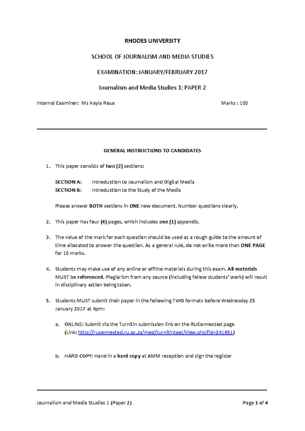 JOURNALISM AND MEDIA STUDIES 1: EXAM 6 - 6 FEB 2017 QUESTIONS - Studocu