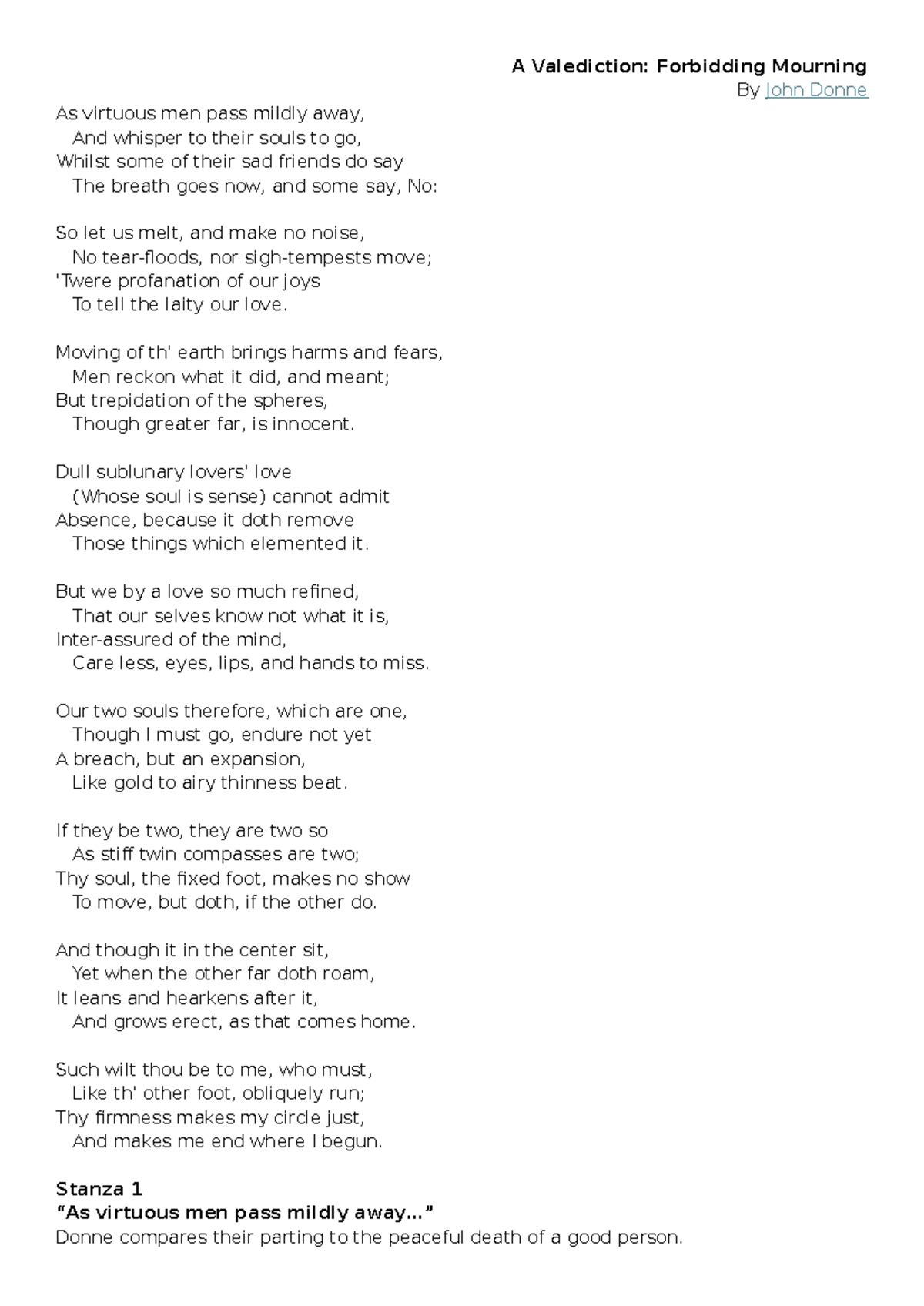 A Valediction: Forbidding Mourning - Analysis & Insights - Studocu