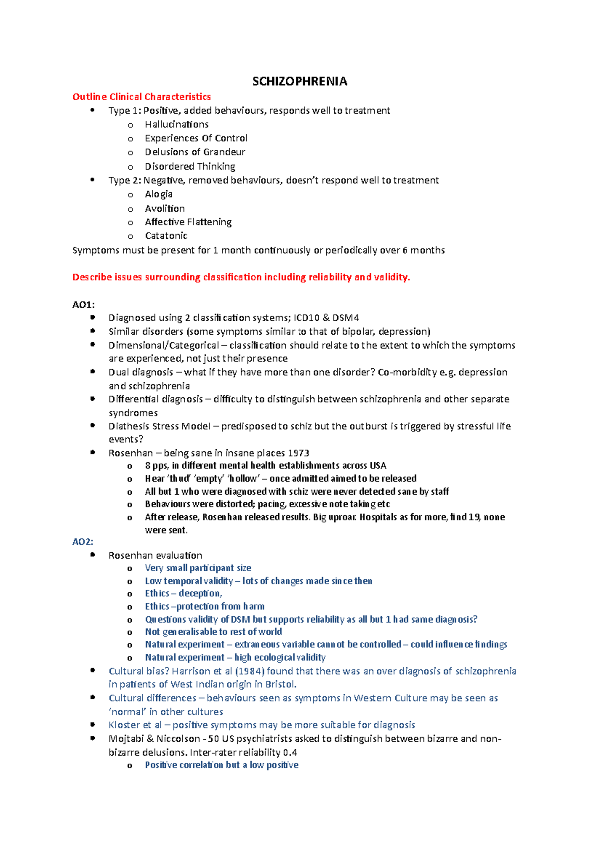 SCHZ101: Comprehensive Revision Notes on Schizophrenia in Psychology ...