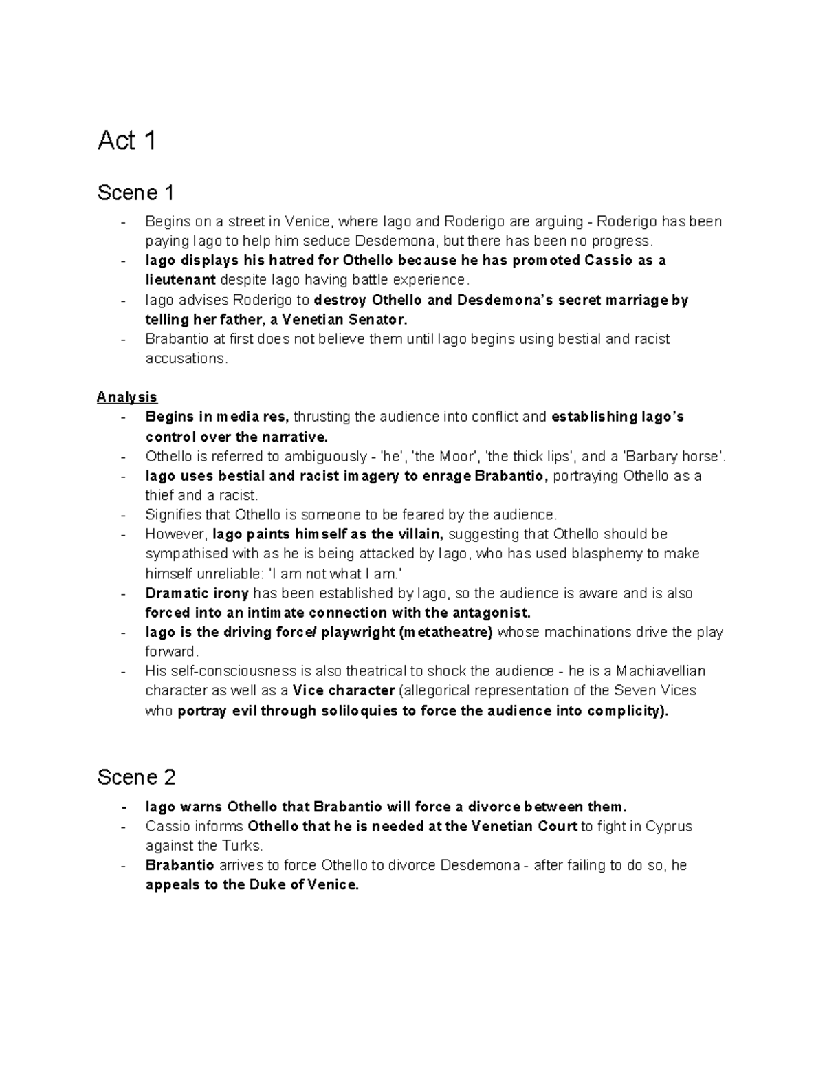 Othello (ENG 201) Act 1-4 Summary & Analysis Notes - Studocu