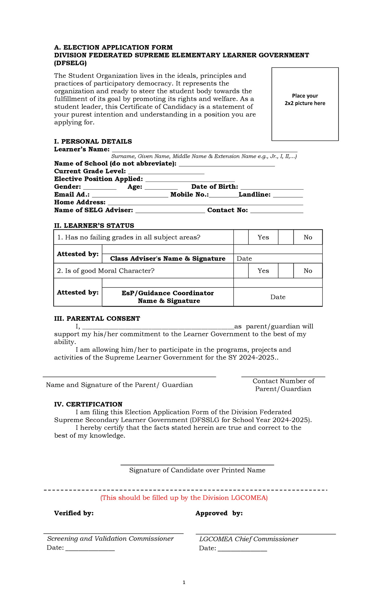 DFSELG Election Application Form and Candidate Profile - Studocu