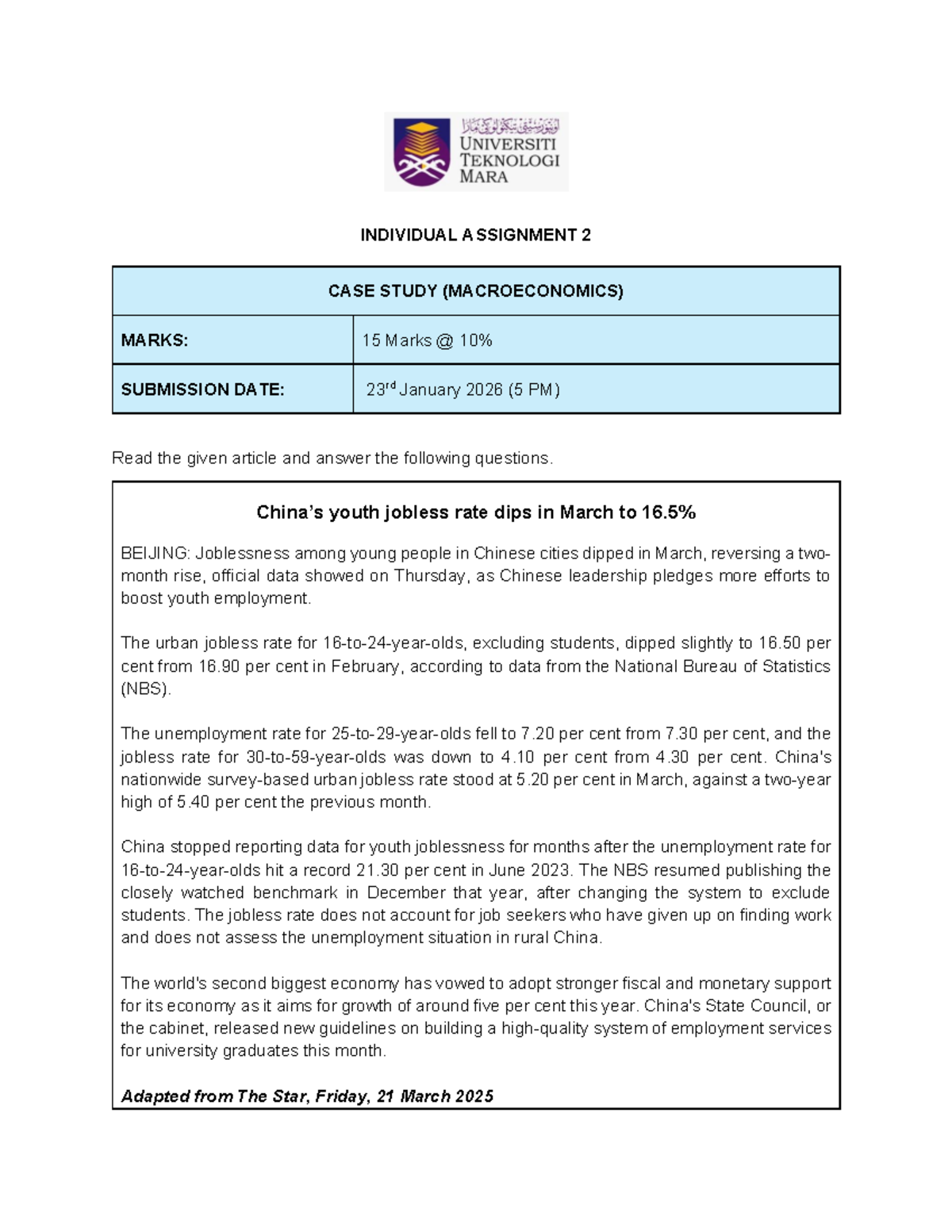 Ind Assgn 2 - Case Study on Youth Joblessness in China (Macroeconomics ...