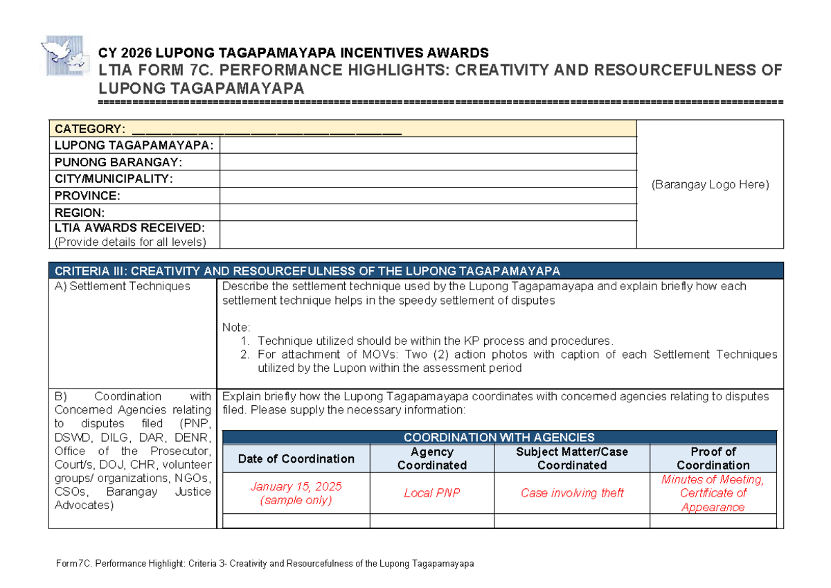 CY 2026 LTIA Form 7C: Performance Highlights of Lupong Tagapamayapa ...