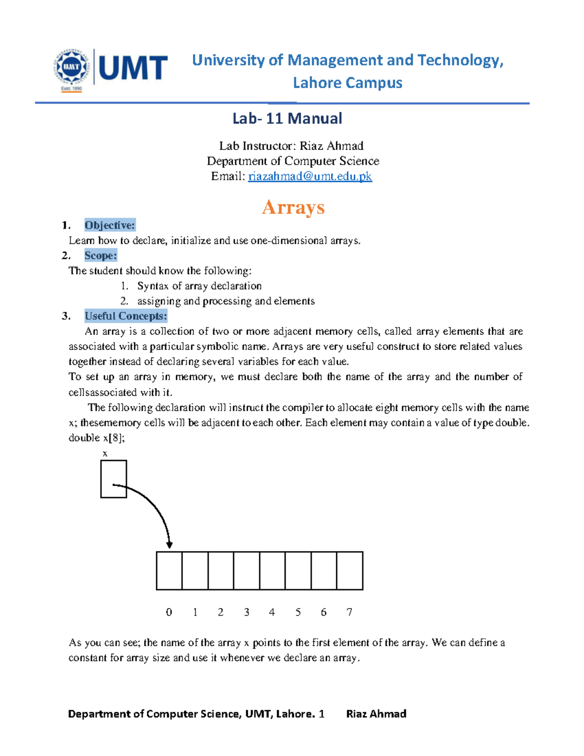 Lab Manual 11 - Arrays: Programming Fundamentals at UMT, Lahore - Studocu