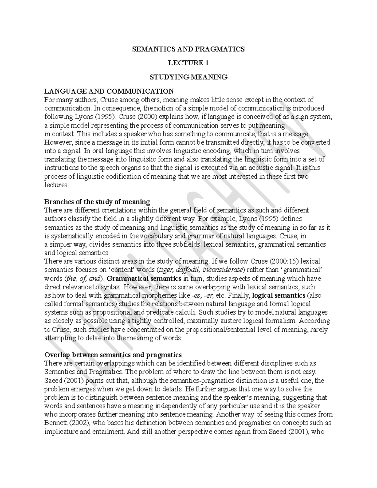 Semantics and Pragmatics Study Notes: Lecture 1 Overview - Studocu